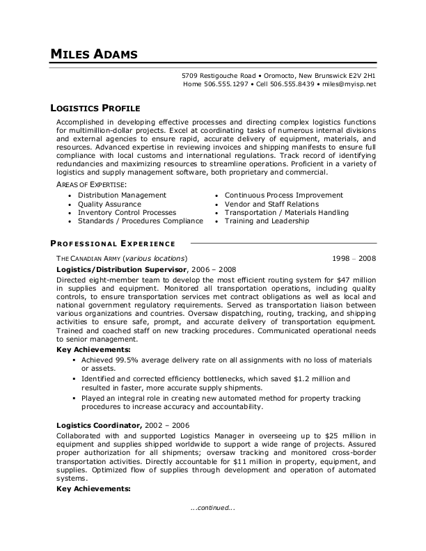 Military-to-Civilian Conversion Logistics Sample Resume